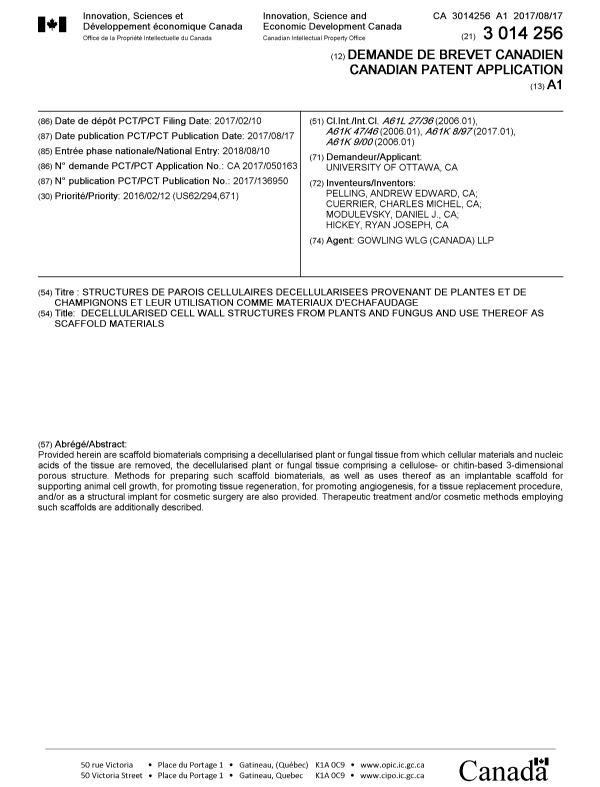 Document de brevet canadien 3014256. Page couverture 20180821. Image 1 de 1