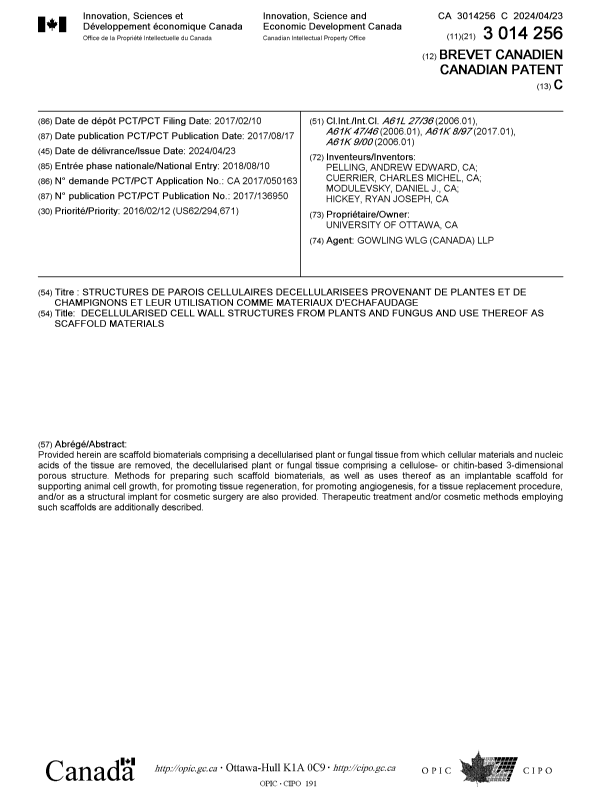 Document de brevet canadien 3014256. Page couverture 20240321. Image 1 de 1