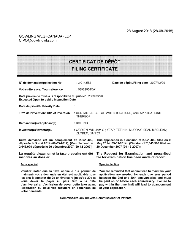 Canadian Patent Document 3014582. Divisional - Filing Certificate 20180828. Image 1 of 1