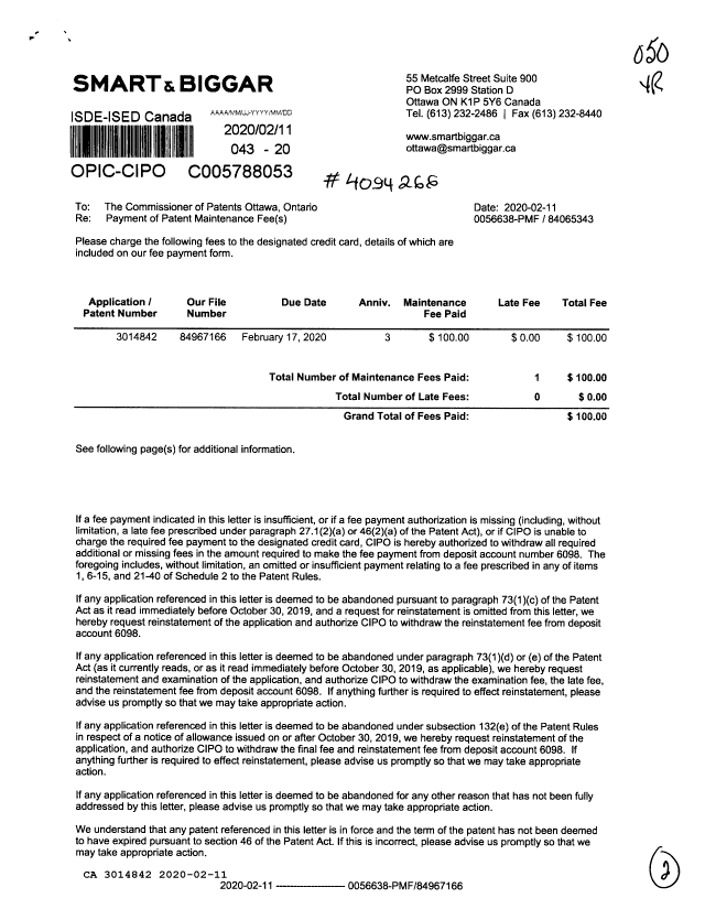 Canadian Patent Document 3014842. Maintenance Fee Payment 20200211. Image 1 of 2