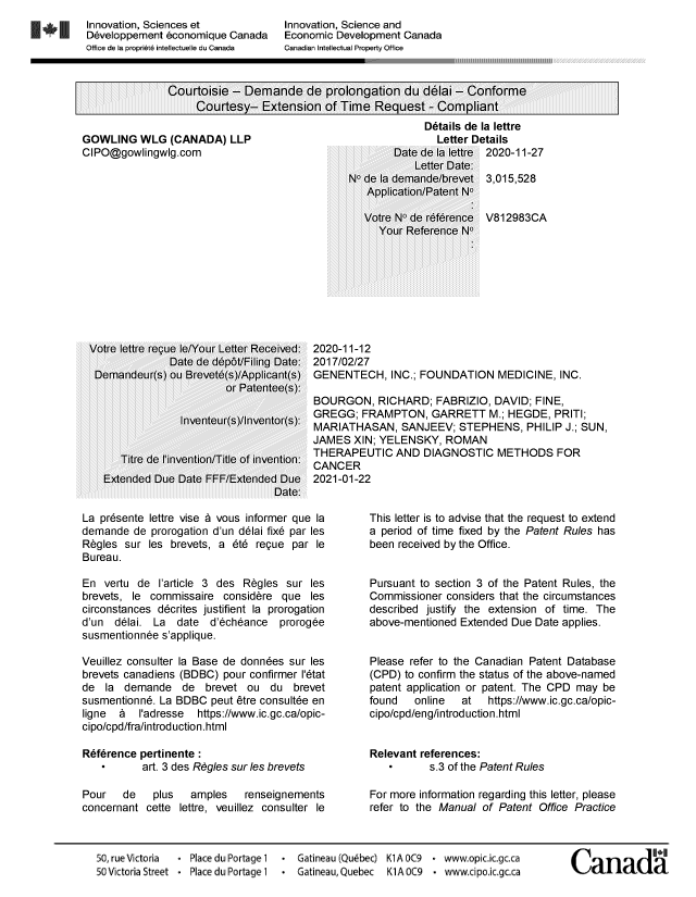 Document de brevet canadien 3015528. Accusé de prolongation 20201127. Image 1 de 2