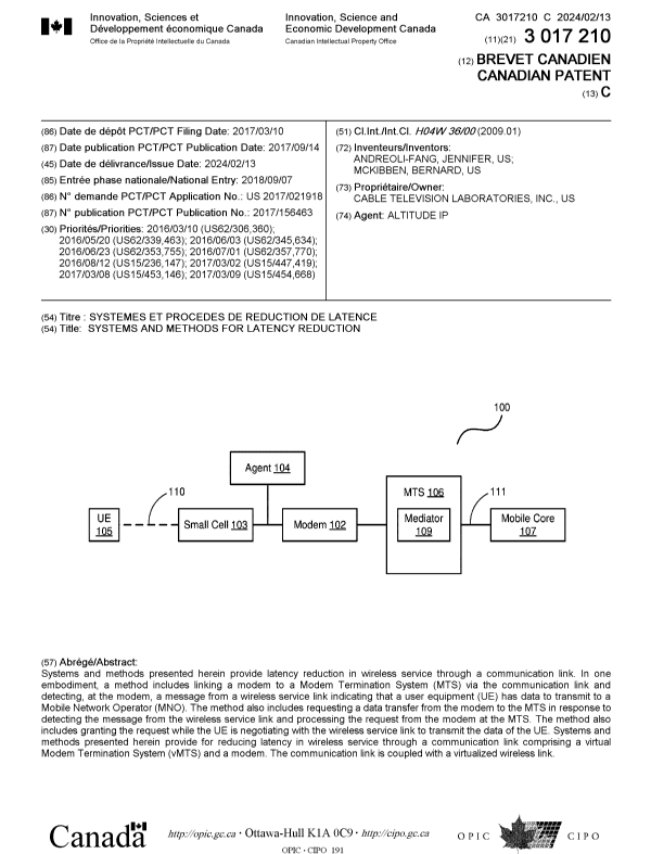 Document de brevet canadien 3017210. Page couverture 20240116. Image 1 de 1