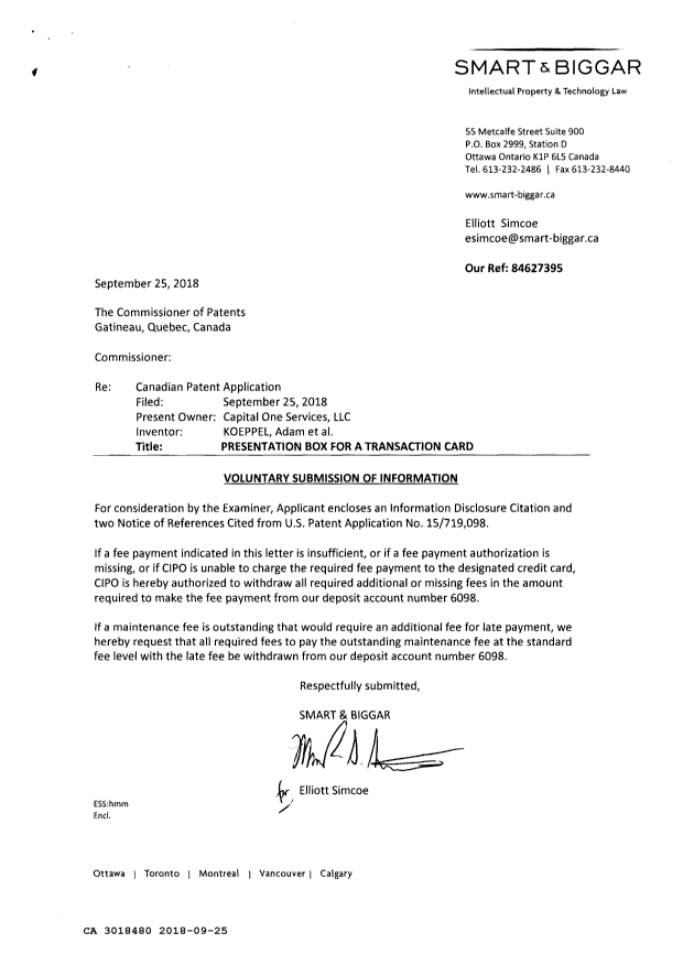 Document de brevet canadien 3018480. Modification 20180925. Image 1 de 1