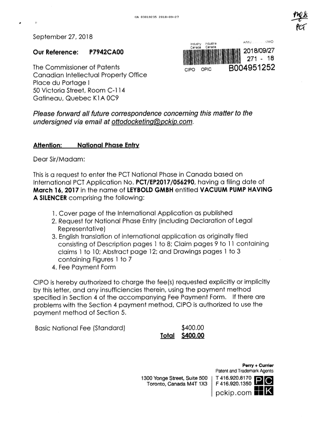 Document de brevet canadien 3019235. Demande d'entrée en phase nationale 20171227. Image 1 de 4
