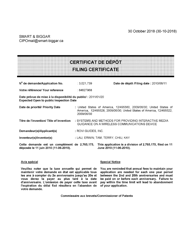 Document de brevet canadien 3021739. Complémentaire - Certificat de dépôt 20181030. Image 1 de 1