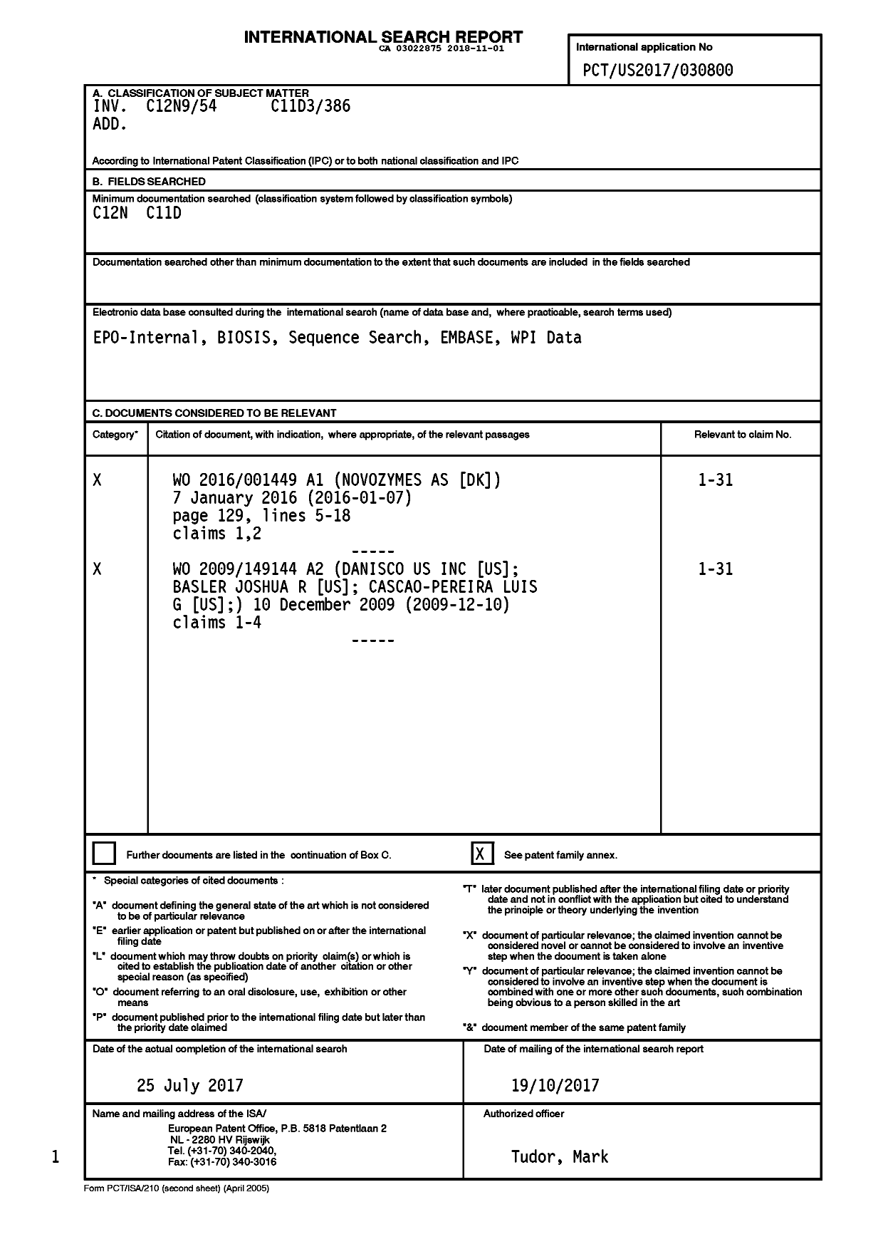 Canadian Patent Document 3022875. International Search Report 20181101. Image 1 of 7