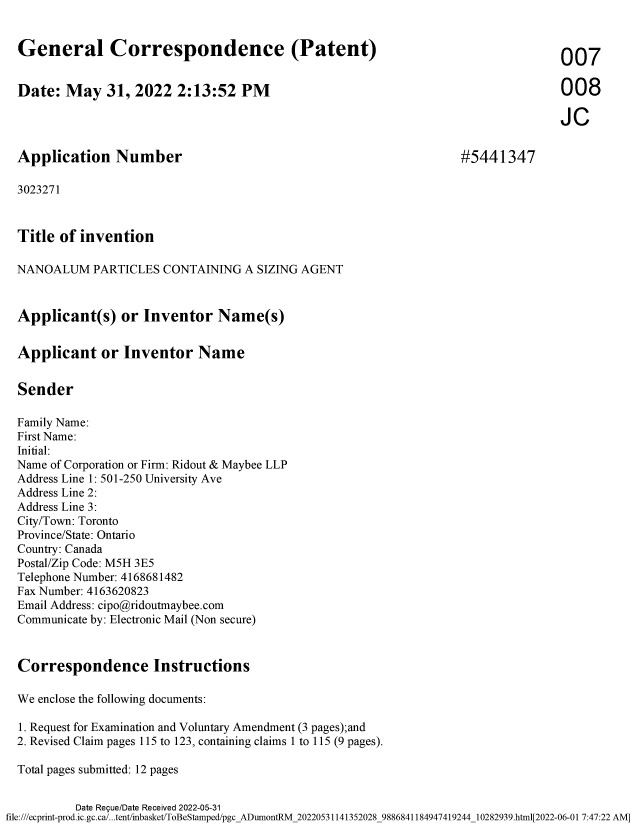 Document de brevet canadien 3023271. Requête d'examen 20220531. Image 1 de 15