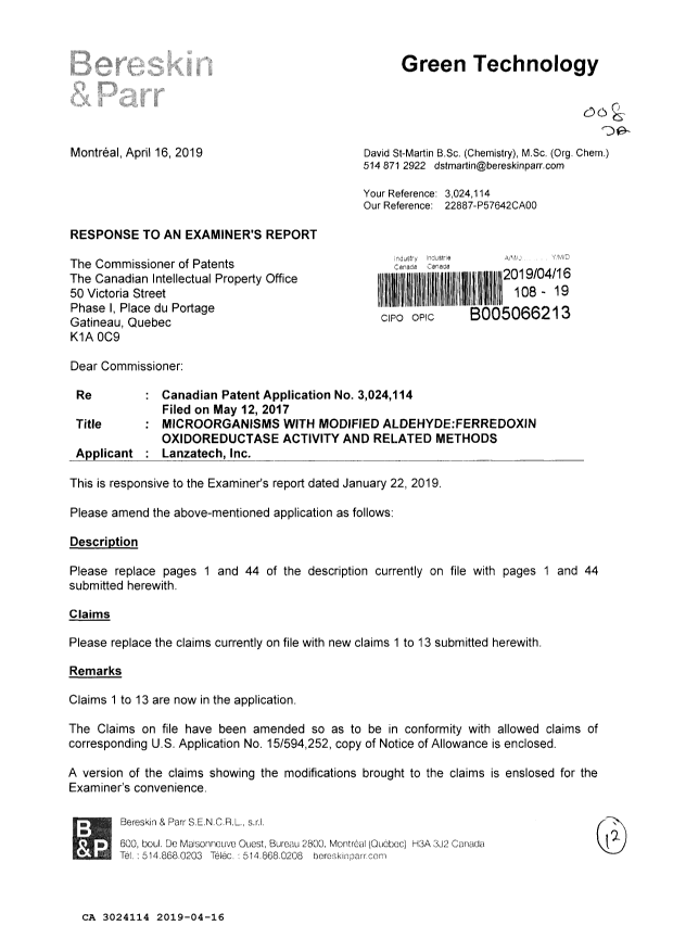 Canadian Patent Document 3024114. Amendment 20190416. Image 1 of 12