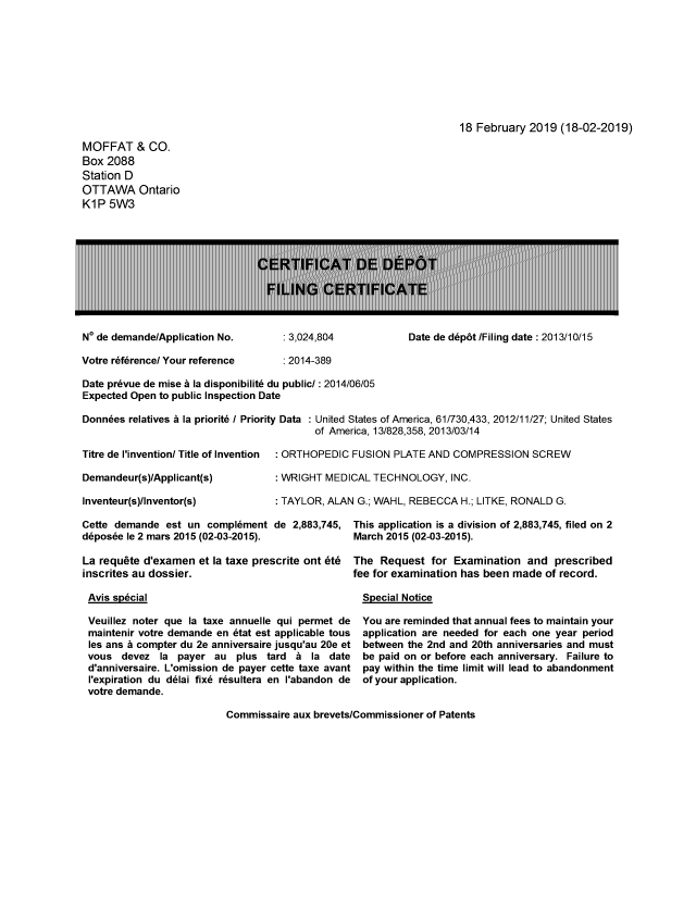 Canadian Patent Document 3024804. Divisional - Filing Certificate 20181218. Image 1 of 1