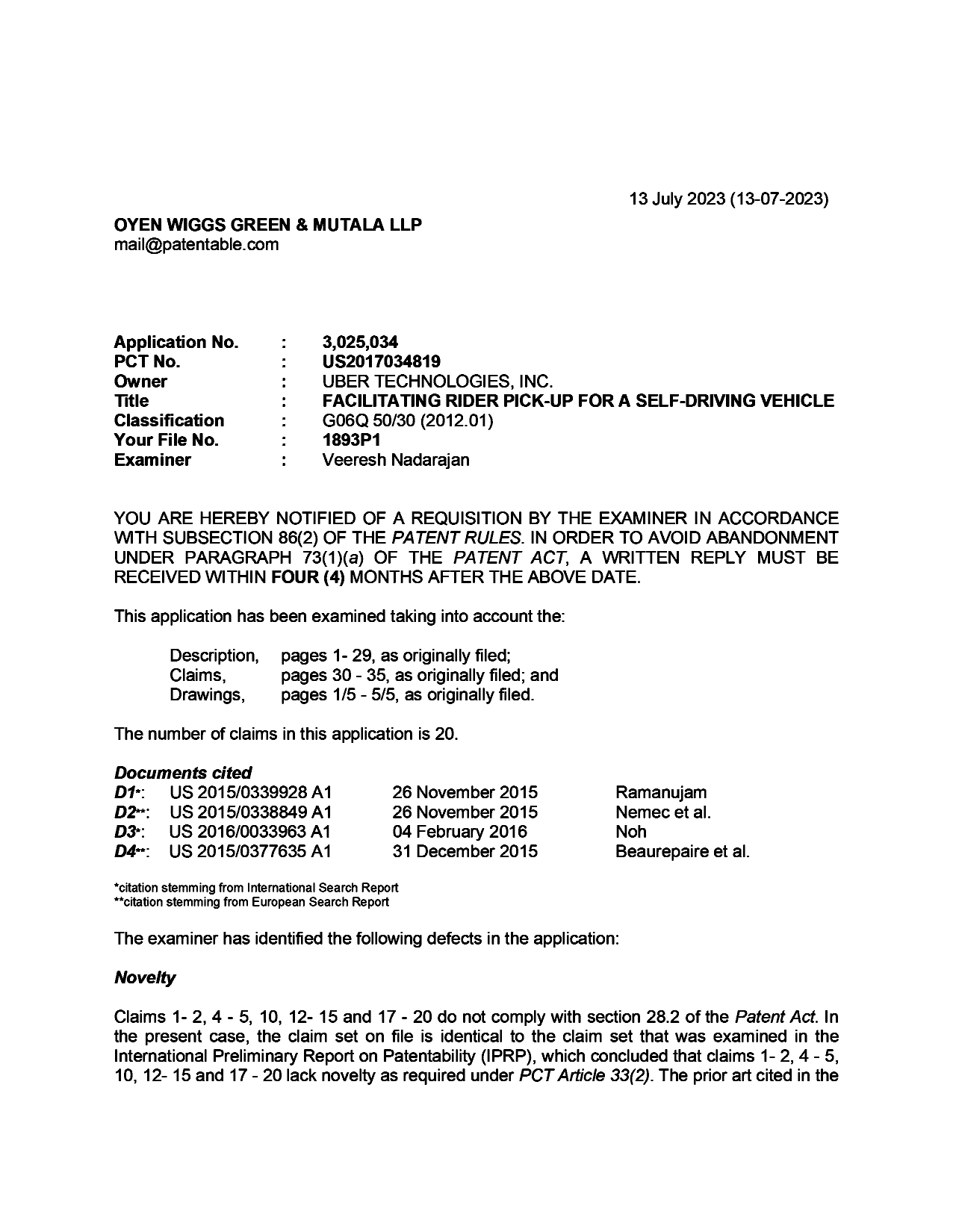 Canadian Patent Document 3025034. Examiner Requisition 20230713. Image 1 of 4