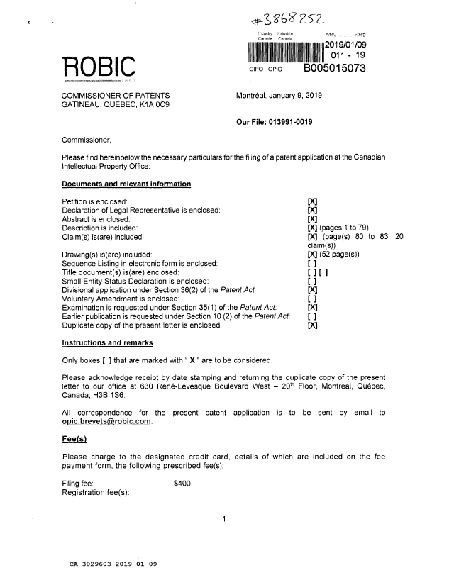 Document de brevet canadien 3029603. Nouvelle demande 20190109. Image 1 de 6
