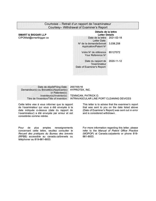 Document de brevet canadien 3036258. Lettre du bureau 20210218. Image 1 de 1