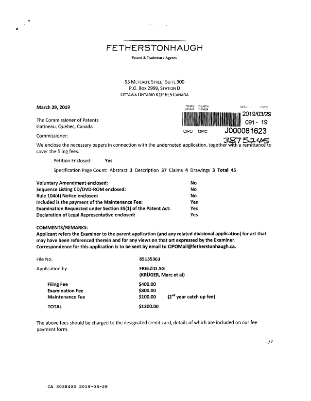 Canadian Patent Document 3038403. Amendment 20190329. Image 1 of 2