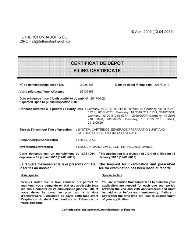 Document de brevet canadien 3038403. Complémentaire - Certificat de dépôt 20190410. Image 1 de 1