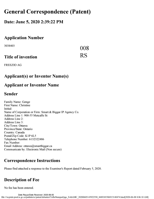 Document de brevet canadien 3038403. Modification 20200605. Image 1 de 12