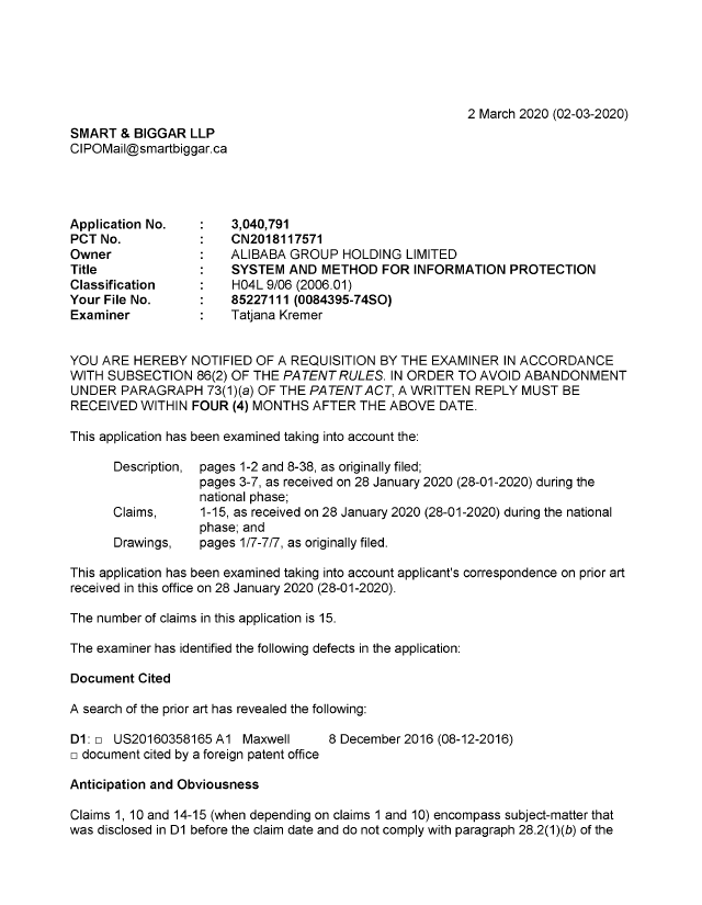 Canadian Patent Document 3040791. Examiner Requisition 20200302. Image 1 of 5