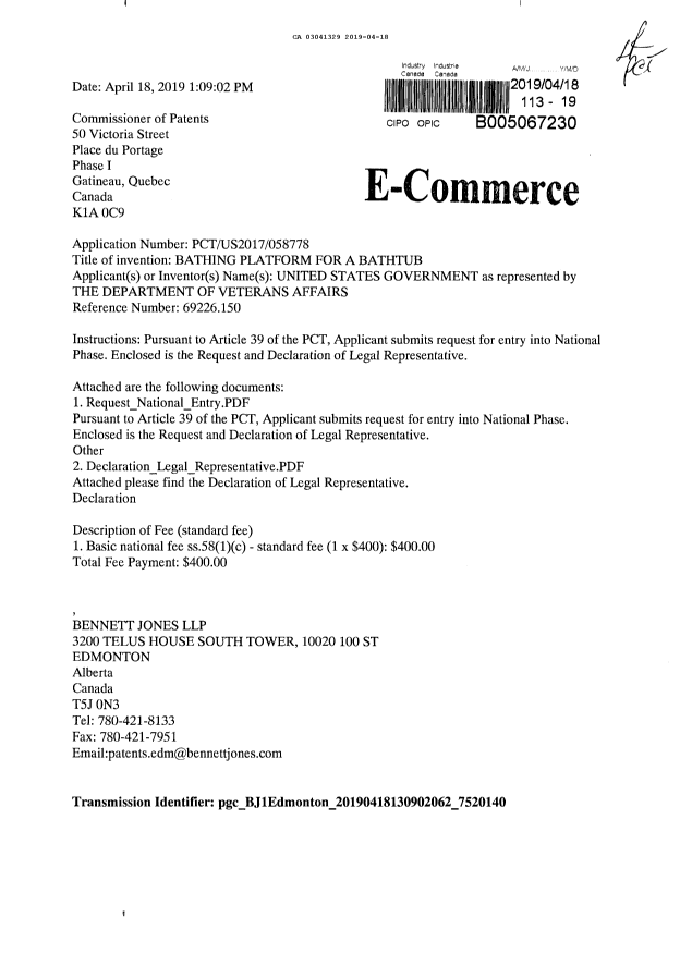 Document de brevet canadien 3041329. Demande d'entrée en phase nationale 20190418. Image 1 de 4