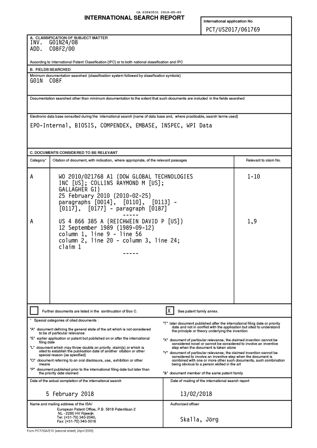 Document de brevet canadien 3043531. Rapport de recherche internationale 20190509. Image 1 de 2
