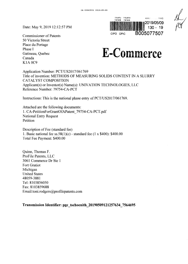 Document de brevet canadien 3043531. Demande d'entrée en phase nationale 20190509. Image 1 de 2