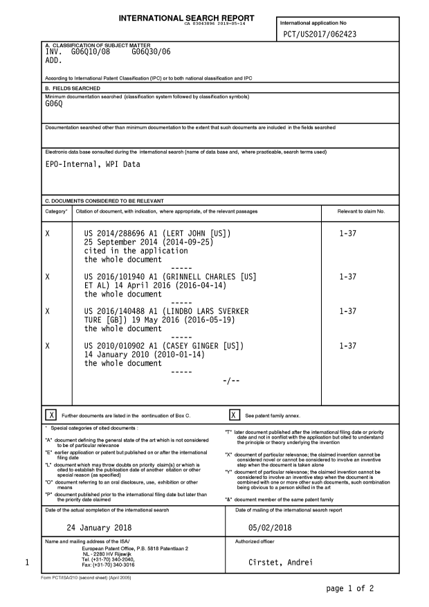 Canadian Patent Document 3043896. International Search Report 20190514. Image 1 of 3