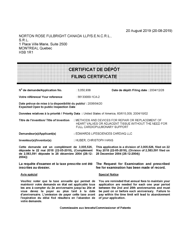 Canadian Patent Document 3050938. Divisional - Filing Certificate 20181220. Image 1 of 1