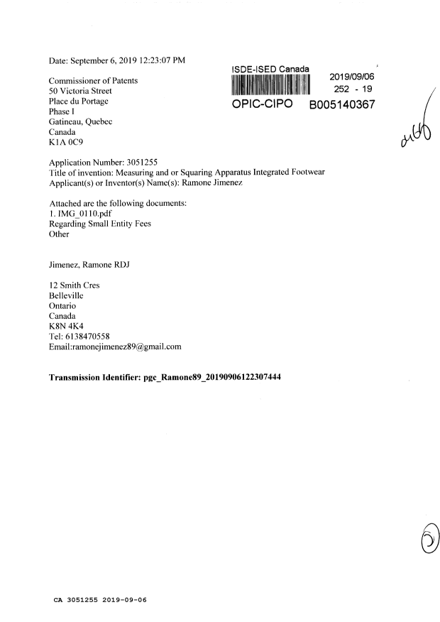 Document de brevet canadien 3051255. Déclaration de petite entité 20190906. Image 1 de 2
