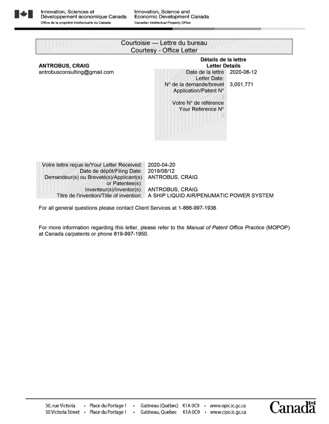 Canadian Patent Document 3051771. Office Letter 20200612. Image 1 of 1