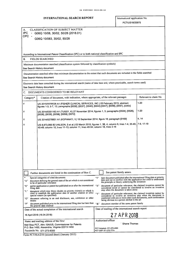 Document de brevet canadien 3053960. Rapport de recherche internationale 20181216. Image 1 de 1