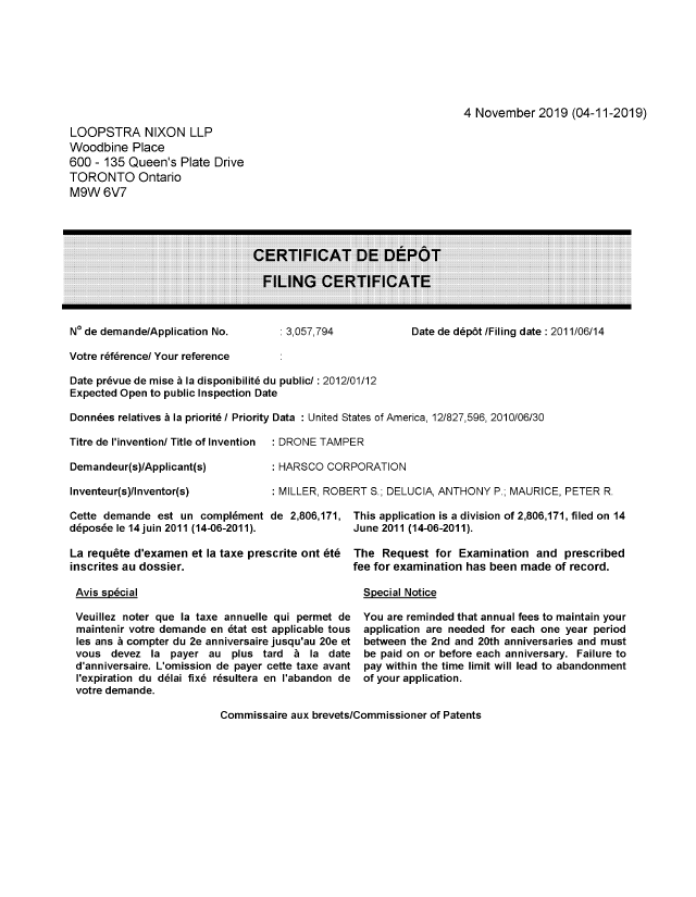Canadian Patent Document 3057794. Divisional - Filing Certificate 20191104. Image 1 of 1