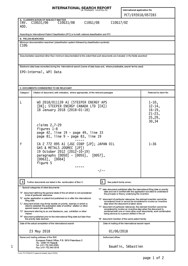 Canadian Patent Document 3058022. International Search Report 20190926. Image 1 of 3