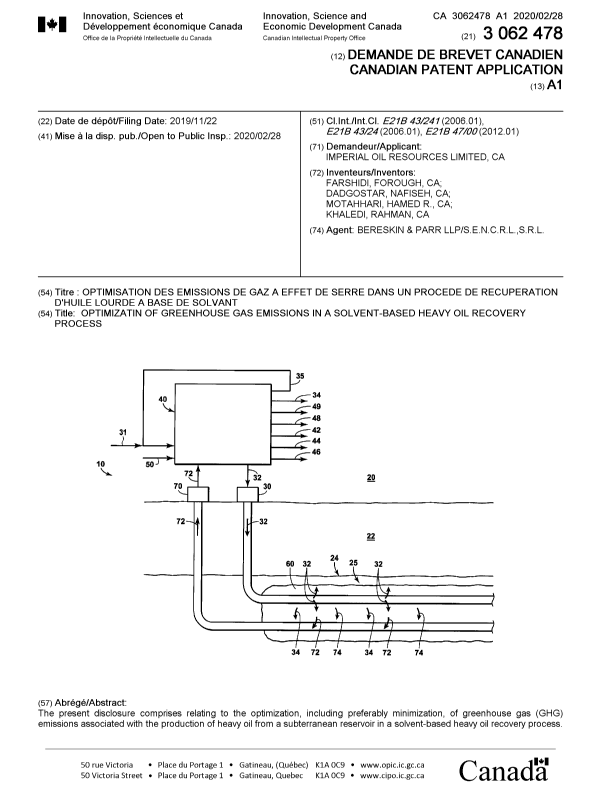 Canadian Patent Document 3062478. Cover Page 20200124. Image 1 of 2