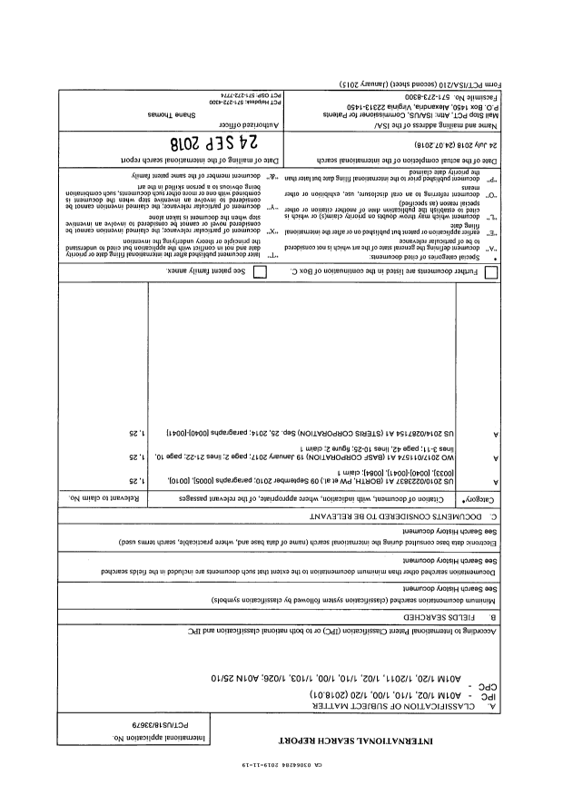 Canadian Patent Document 3064284. International Search Report 20191119. Image 1 of 3