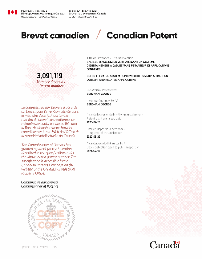 Canadian Patent Document 3091119. Electronic Grant Certificate 20230912. Image 1 of 1