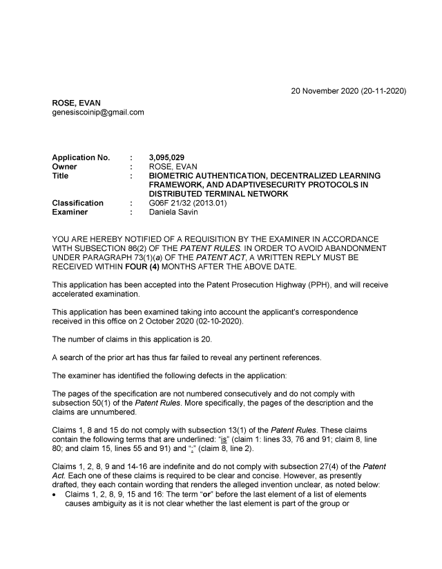 Canadian Patent Document 3095029. Examiner Requisition 20201120. Image 1 of 5