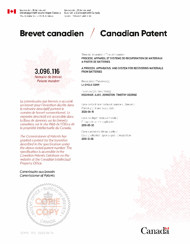Canadian Patent Document 3096116. Electronic Grant Certificate 20240416. Image 1 of 1