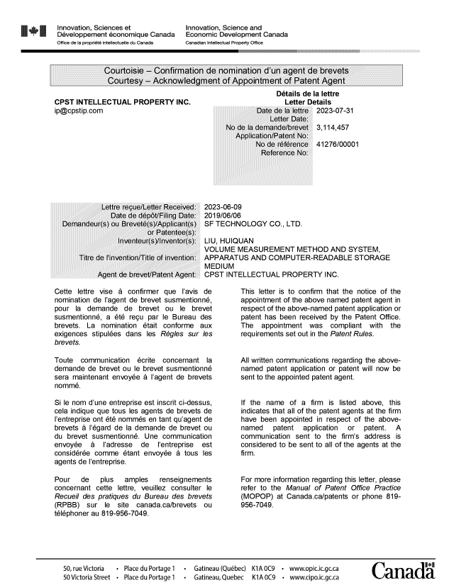 Document de brevet canadien 3114457. Lettre du bureau 20230731. Image 1 de 2