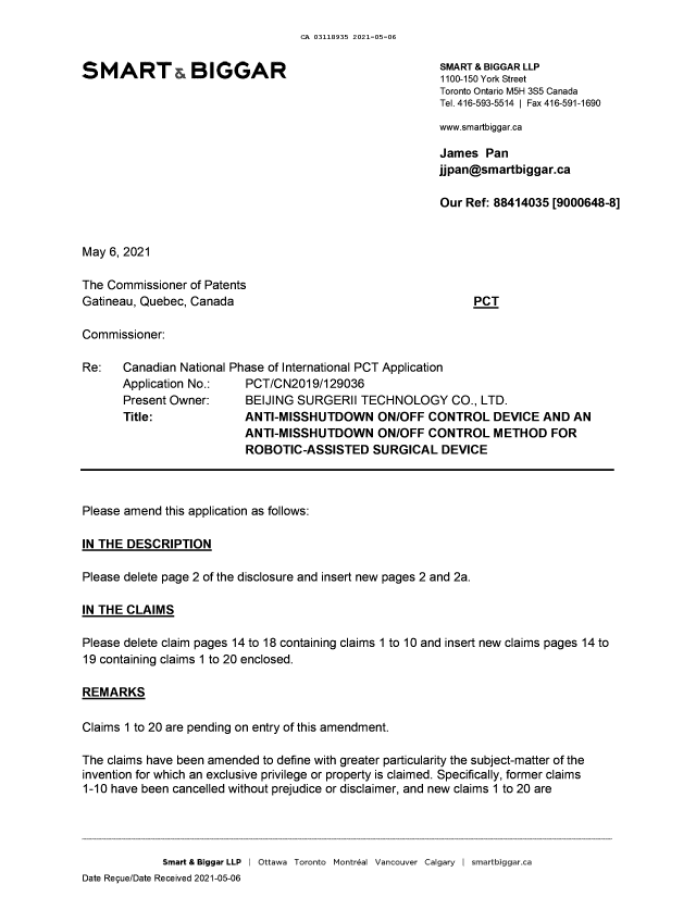 Document de brevet canadien 3118935. Modification volontaire 20210506. Image 1 de 10