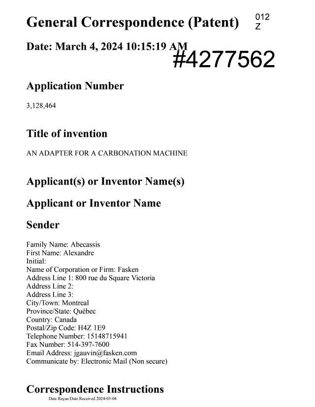 Canadian Patent Document 3128464. Final Fee 20240304. Image 1 of 5