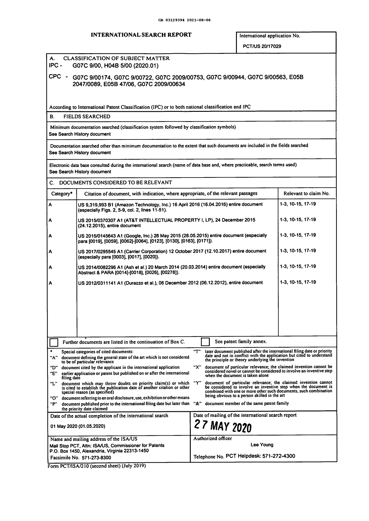 Canadian Patent Document 3129394. International Search Report 20210806. Image 1 of 2
