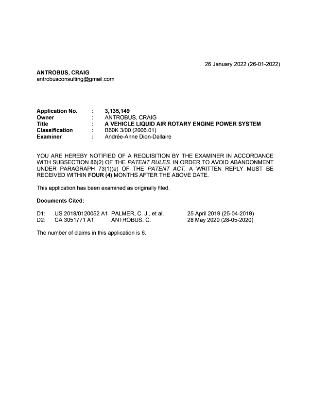 Canadian Patent Document 3135149. Examiner Requisition 20220126. Image 1 of 7