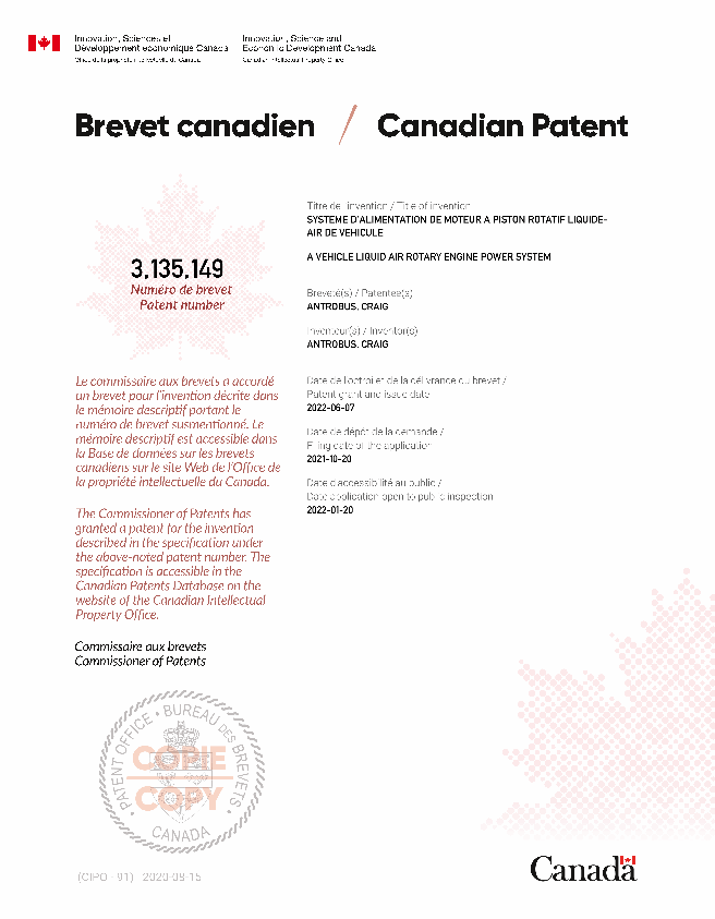 Canadian Patent Document 3135149. Electronic Grant Certificate 20220607. Image 1 of 1