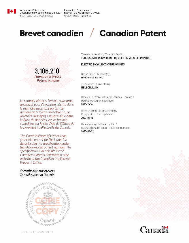 Canadian Patent Document 3186210. Electronic Grant Certificate 20231114. Image 1 of 1