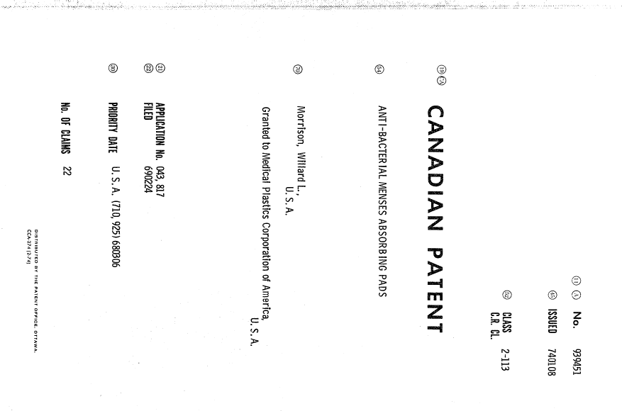Document de brevet canadien 939451. Page couverture 19940714. Image 1 de 1