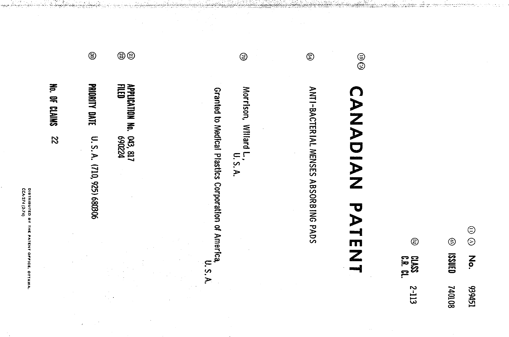 Canadian Patent Document 939451. Cover Page 19940714. Image 1 of 1