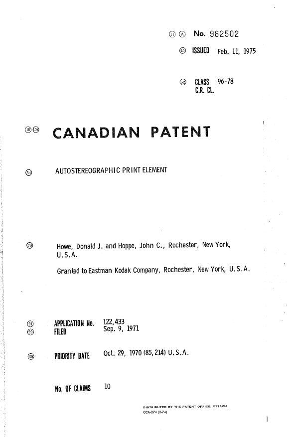 Canadian Patent Document 962502. Cover Page 19940624. Image 1 of 1