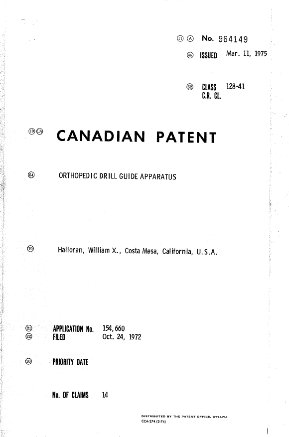 Canadian Patent Document 964149. Cover Page 19931228. Image 1 of 1
