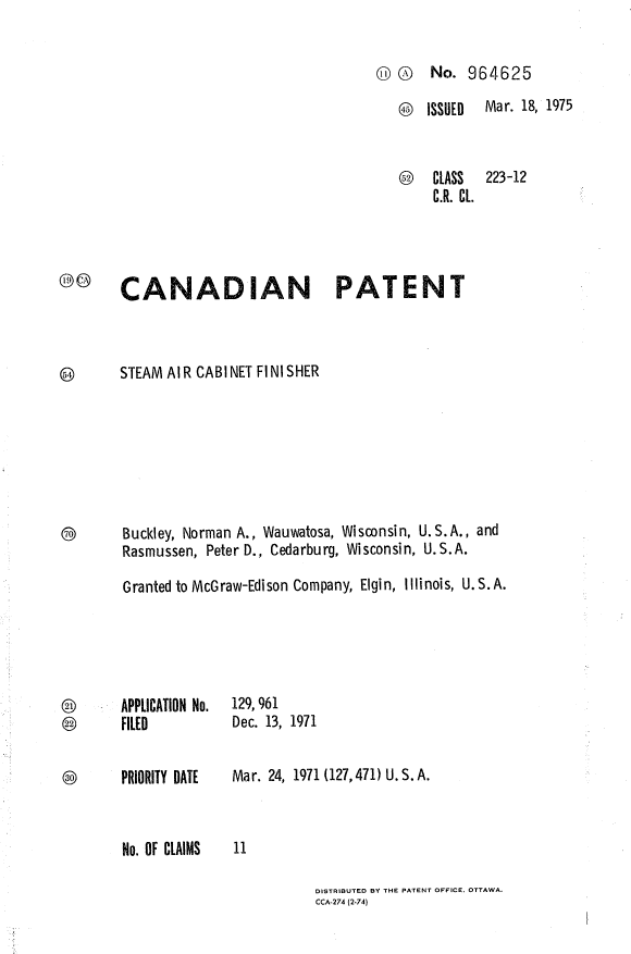 Canadian Patent Document 964625. Cover Page 19940629. Image 1 of 1