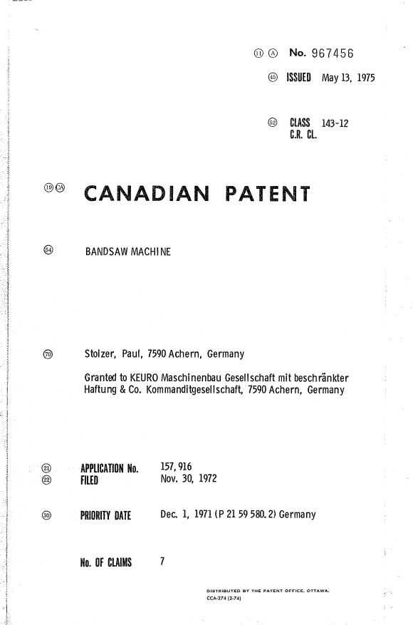 Canadian Patent Document 967456. Cover Page 19940705. Image 1 of 1