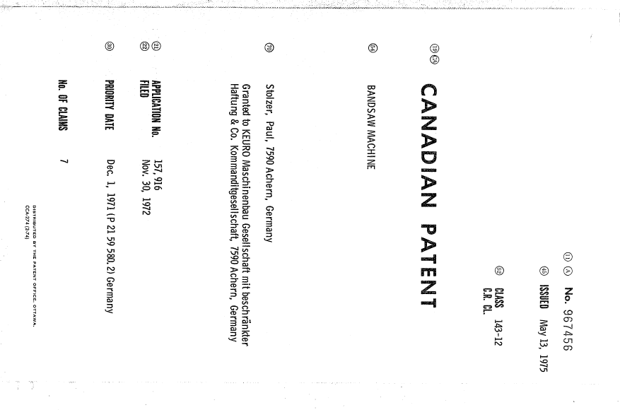 Canadian Patent Document 967456. Cover Page 19940705. Image 1 of 1