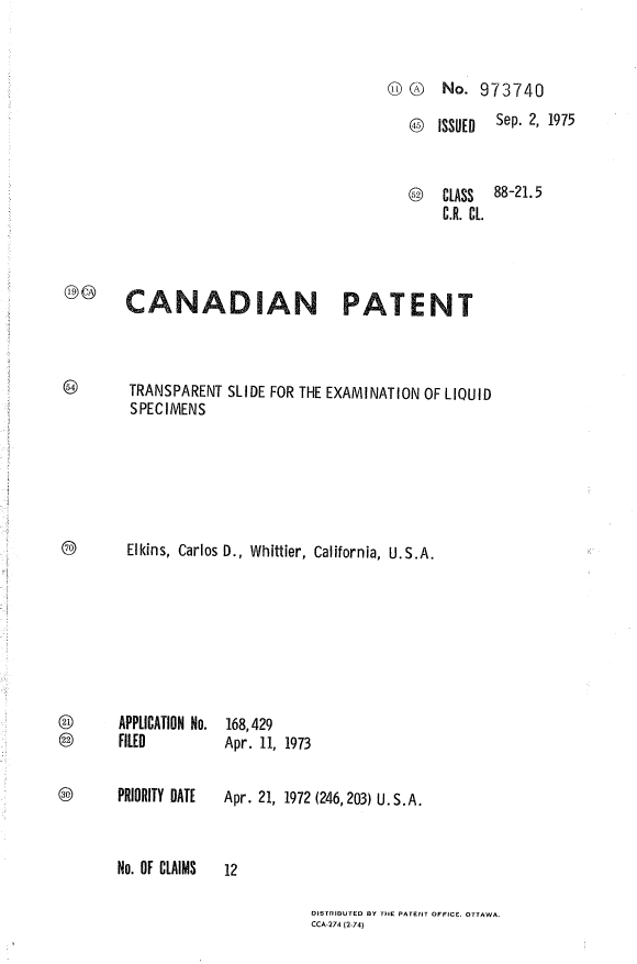 Canadian Patent Document 973740. Cover Page 19931206. Image 1 of 1